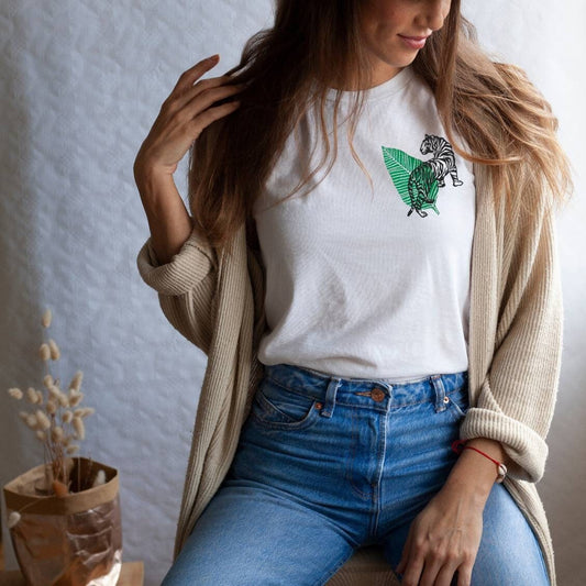 Tiger and plant t-shirt, UNISEX hand printed tshirt, animal block print tee, hand stamped illustration,  clothing, ethical fashion