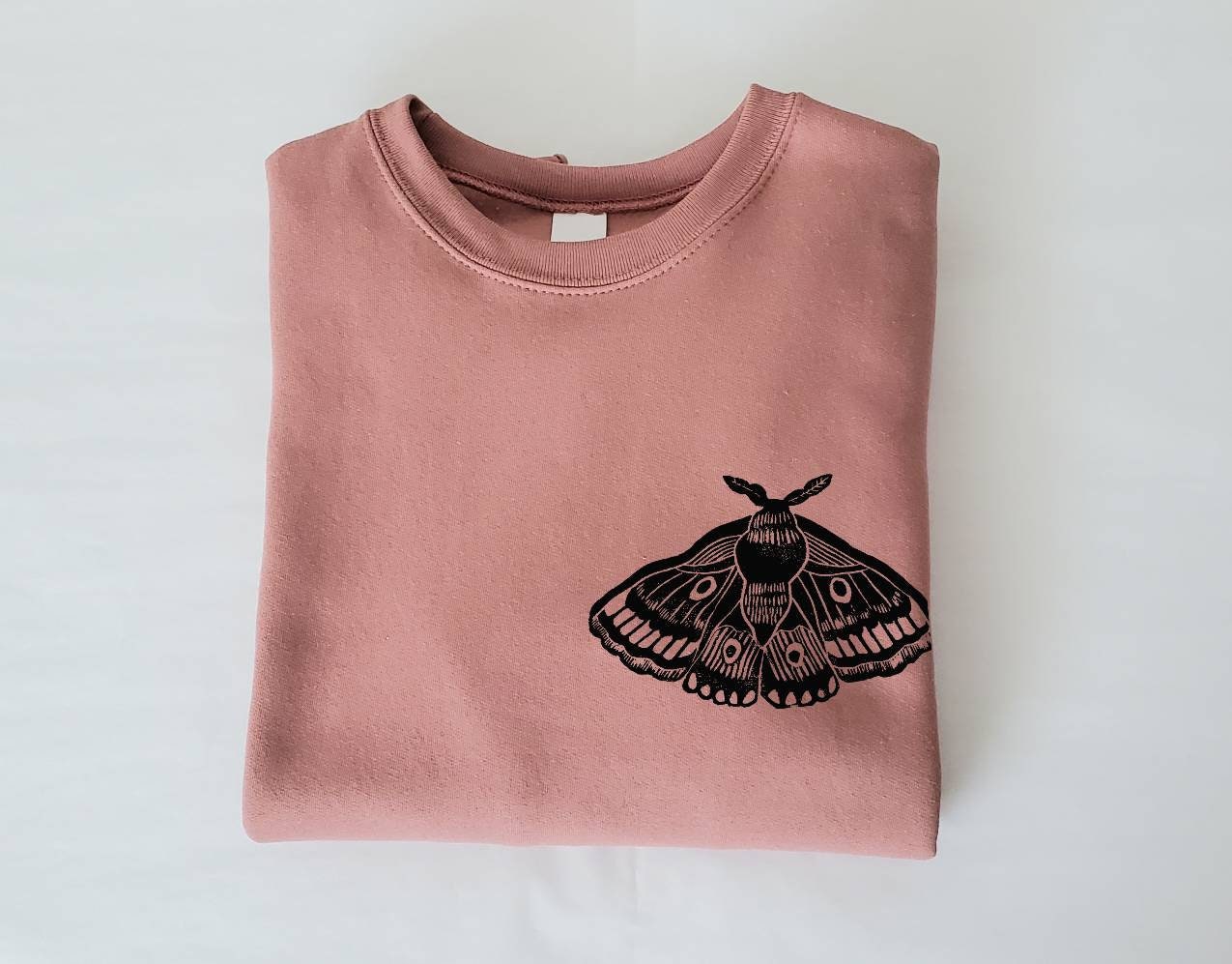 Moth sweatshirt, unisex hand printed crewneck, block printed emperor moth illustration, soft fleece jumper,  clothing, ethical fashion