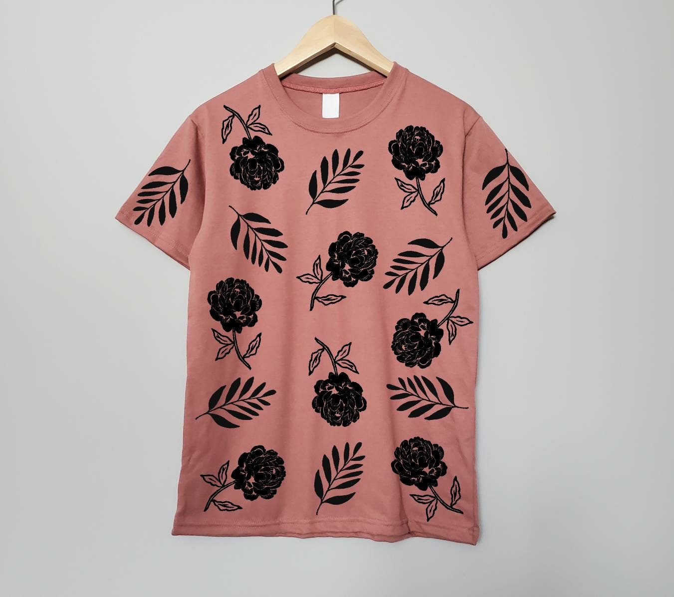 Botanic t-shirt, hand printed unisex floral tshirt, botanical flower design all over block print, peony tshirt, soft ethical summer fashion