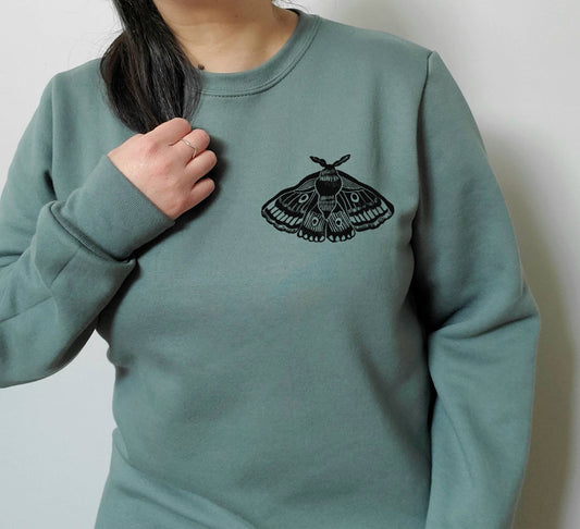 Moth sweatshirt, unisex hand printed crewneck, block printed emperor moth illustration, soft fleece jumper,  clothing, ethical fashion