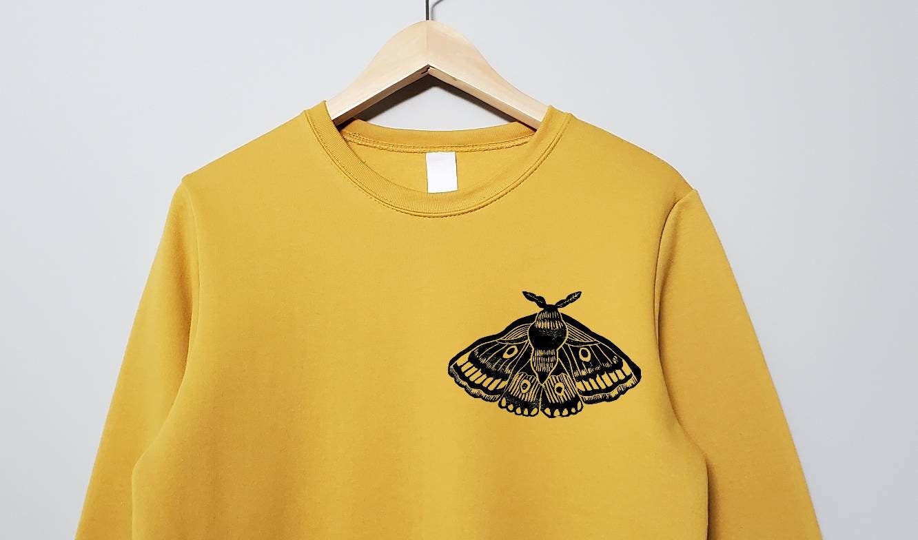 Moth sweatshirt, unisex hand printed crewneck, block printed emperor moth illustration, soft fleece jumper,  clothing, ethical fashion