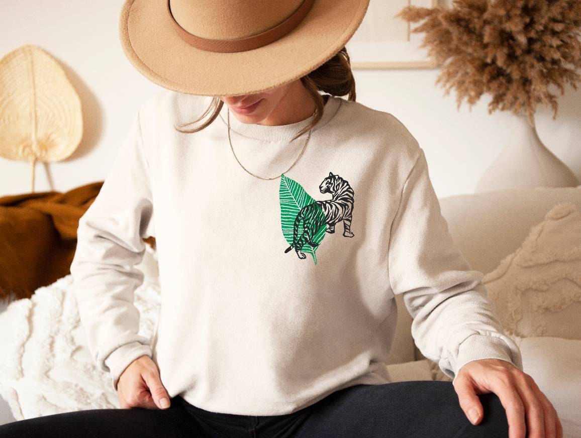 Tiger with green leaf bamboo unisex sweatshirt, wild cat block print design, organic crewneck sweater, ethical fashion, soft natural jumper