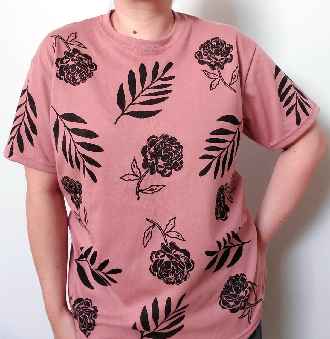 Botanic t-shirt, hand printed unisex floral tshirt, botanical flower design all over block print, peony tshirt, soft ethical summer fashion