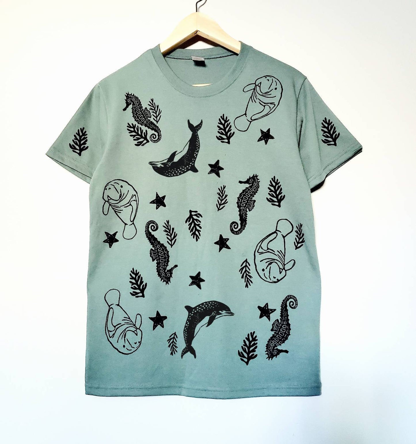 All over sea creature print t-shirt, hand printed unisex tee, aquatic theme, dolphin, manatee, sea horse block print, ethical summer fashion