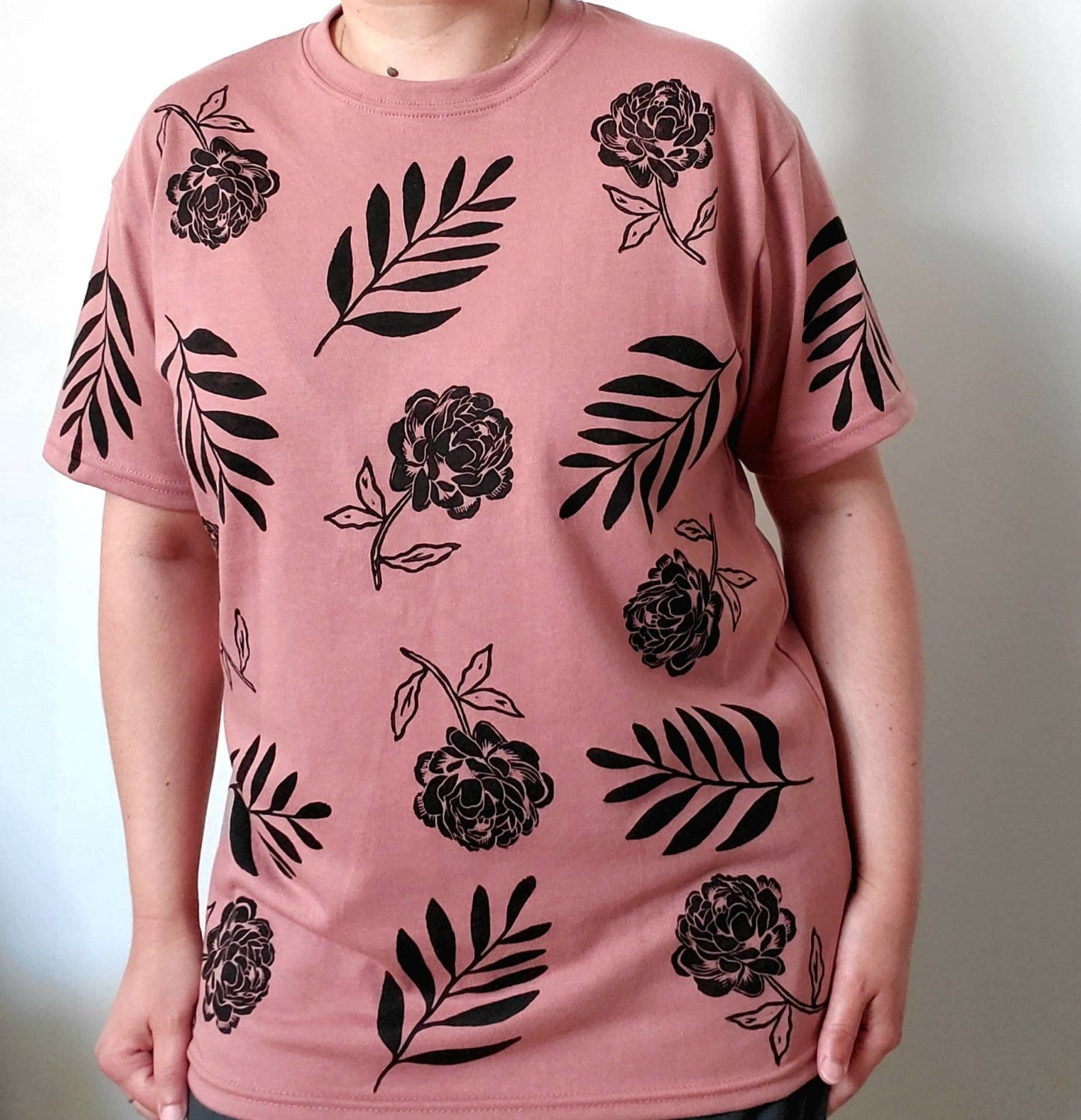 Botanic t-shirt, hand printed unisex floral tshirt, botanical flower design all over block print, peony tshirt, soft ethical summer fashion