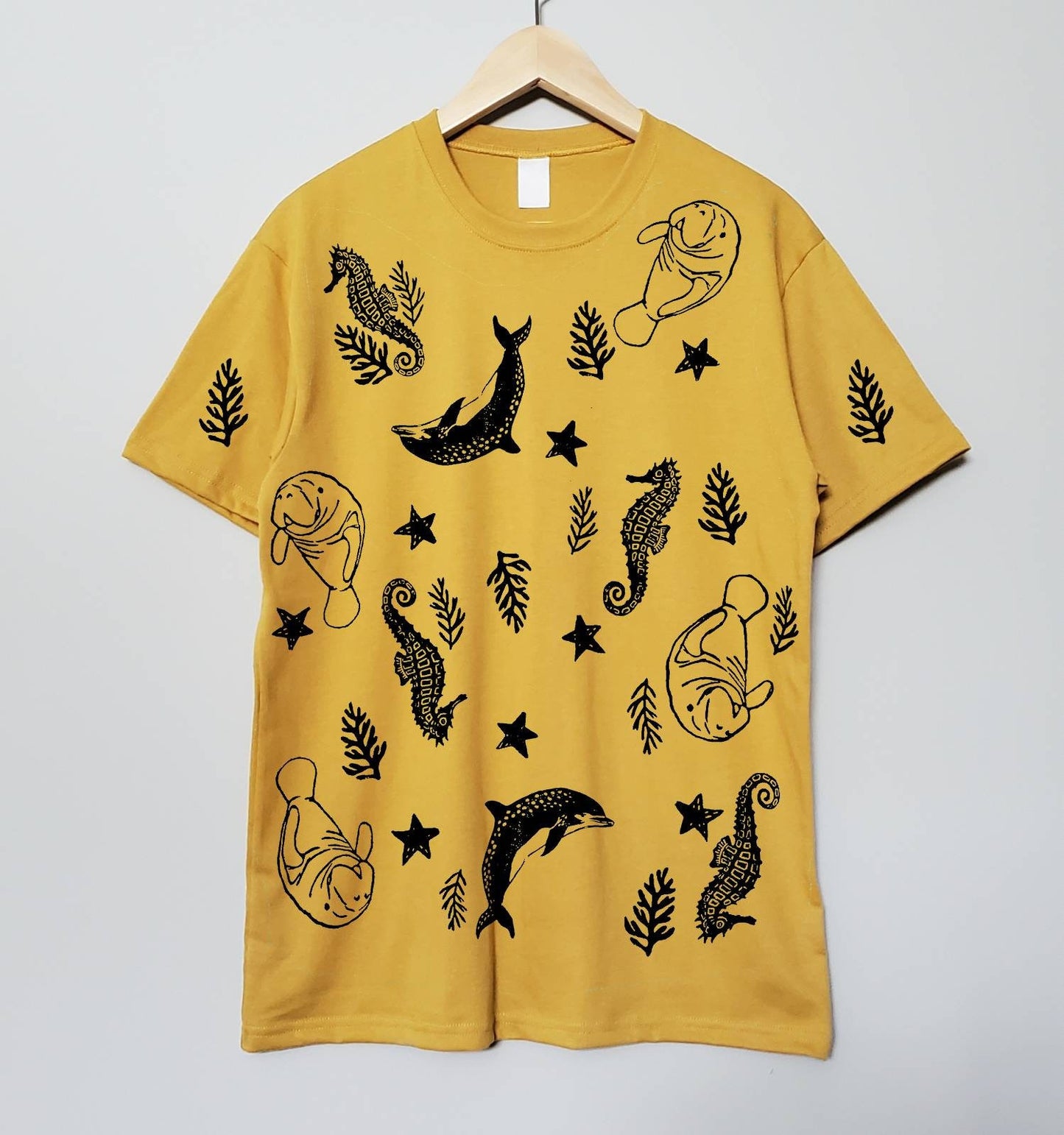 All over sea creature print t-shirt, hand printed unisex tee, aquatic theme, dolphin, manatee, sea horse block print, ethical summer fashion