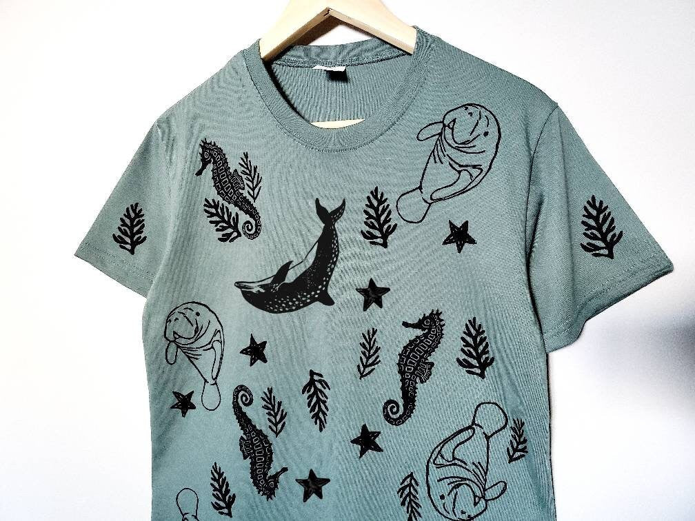 All over sea creature print t-shirt, hand printed unisex tee, aquatic theme, dolphin, manatee, sea horse block print, ethical summer fashion