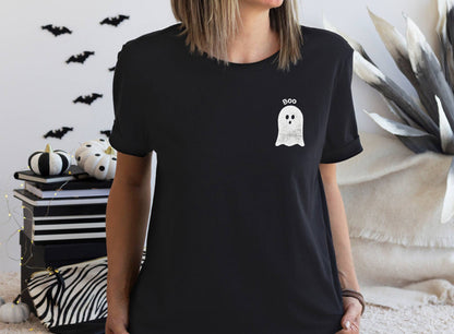 T-shirt Halloween Ghost, t-shirt d’Halloween imprimé à la main UNISEXE, tee-shirt boo imprimé en bloc minimaliste, illustration estampillée à la main, fashi éthique mignon