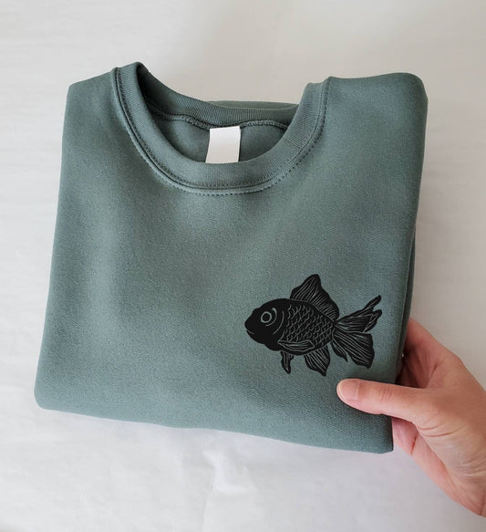 Fish sweatshirt, unisex hand printed crewneck, block printed gold fish illustration, soft fleece jumper, fall clothing, ethical fashion