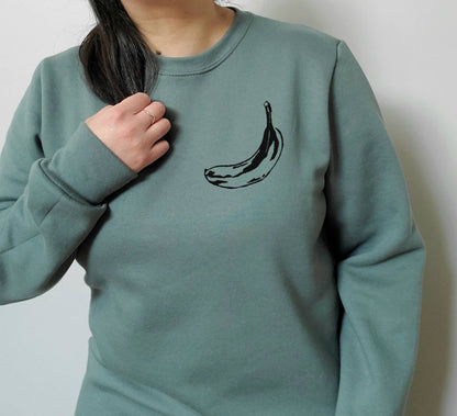 Sweat-shirt banane, col d’équipage imprimé à la main, pull de style unisexe, imprimé fruit minimaliste, pull en polaire blanche, imprimé lino, mode éthique