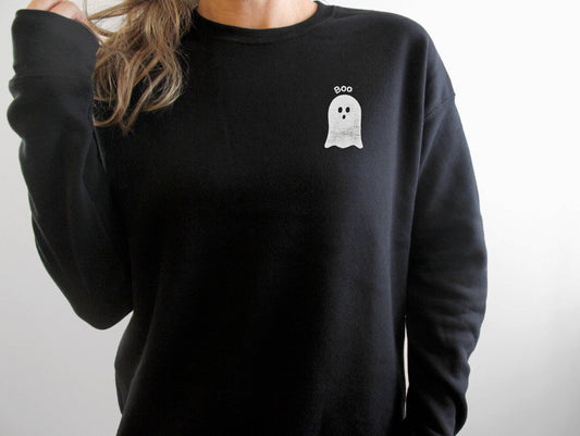 Ghost sweatshirt, halloween unisex crewneck, unique hand printed spooky cute ghost design, black soft sweater, ethical fashion