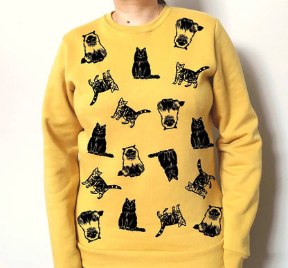 Cat print sweatshirt, hand printed unisex crewneck, all over cat print design, cat lover gift, block print soft cute jumper, ethical fashion