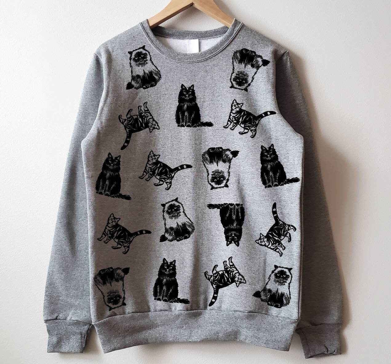 Cat print sweatshirt, hand printed unisex crewneck, all over cat print design, cat lover gift, block print soft cute jumper, ethical fashion