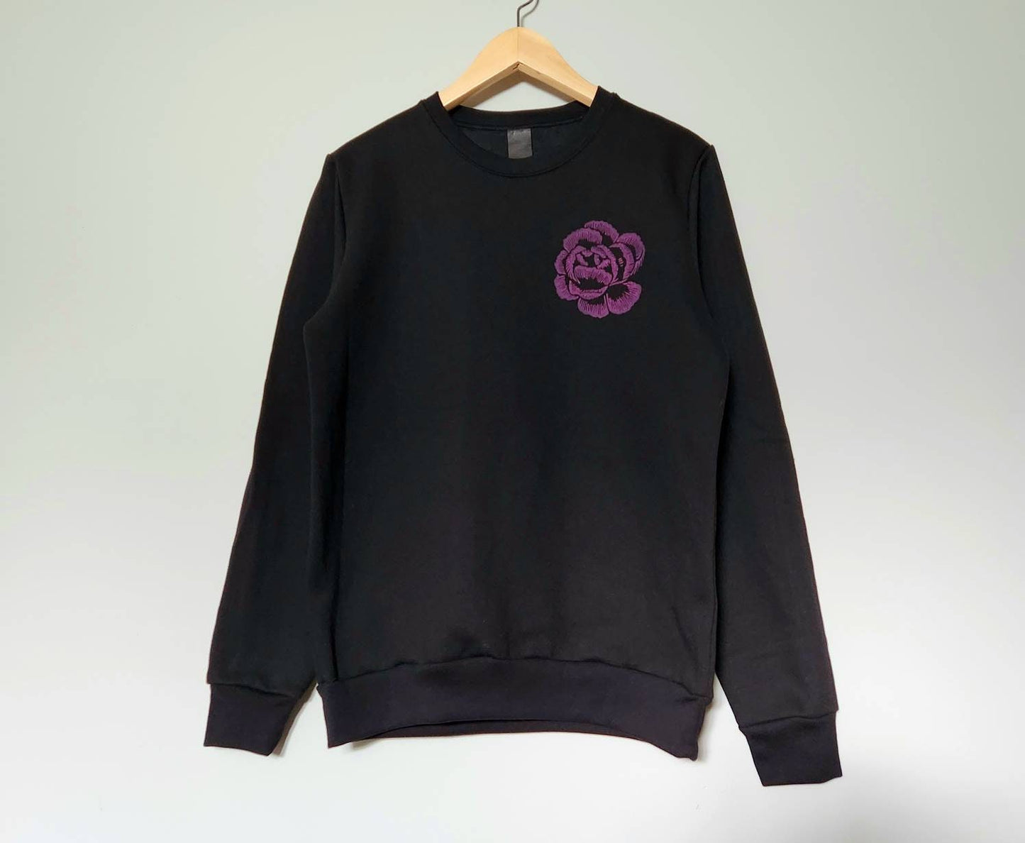 Pink flower sweatshirt, magenta vintage inspired flower design, hand printed unisex crewneck, unique floral fall sweater, ethical fashion