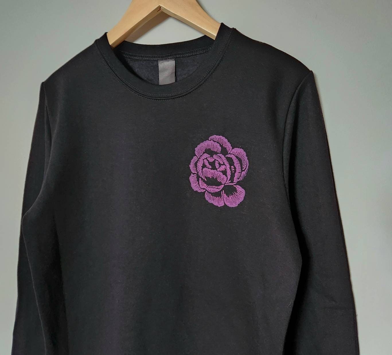 Pink flower sweatshirt, magenta vintage inspired flower design, hand printed unisex crewneck, unique floral fall sweater, ethical fashion