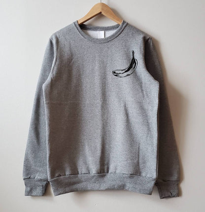 Sweat-shirt banane, col d’équipage imprimé à la main, pull de style unisexe, imprimé fruit minimaliste, pull en polaire blanche, imprimé lino, mode éthique