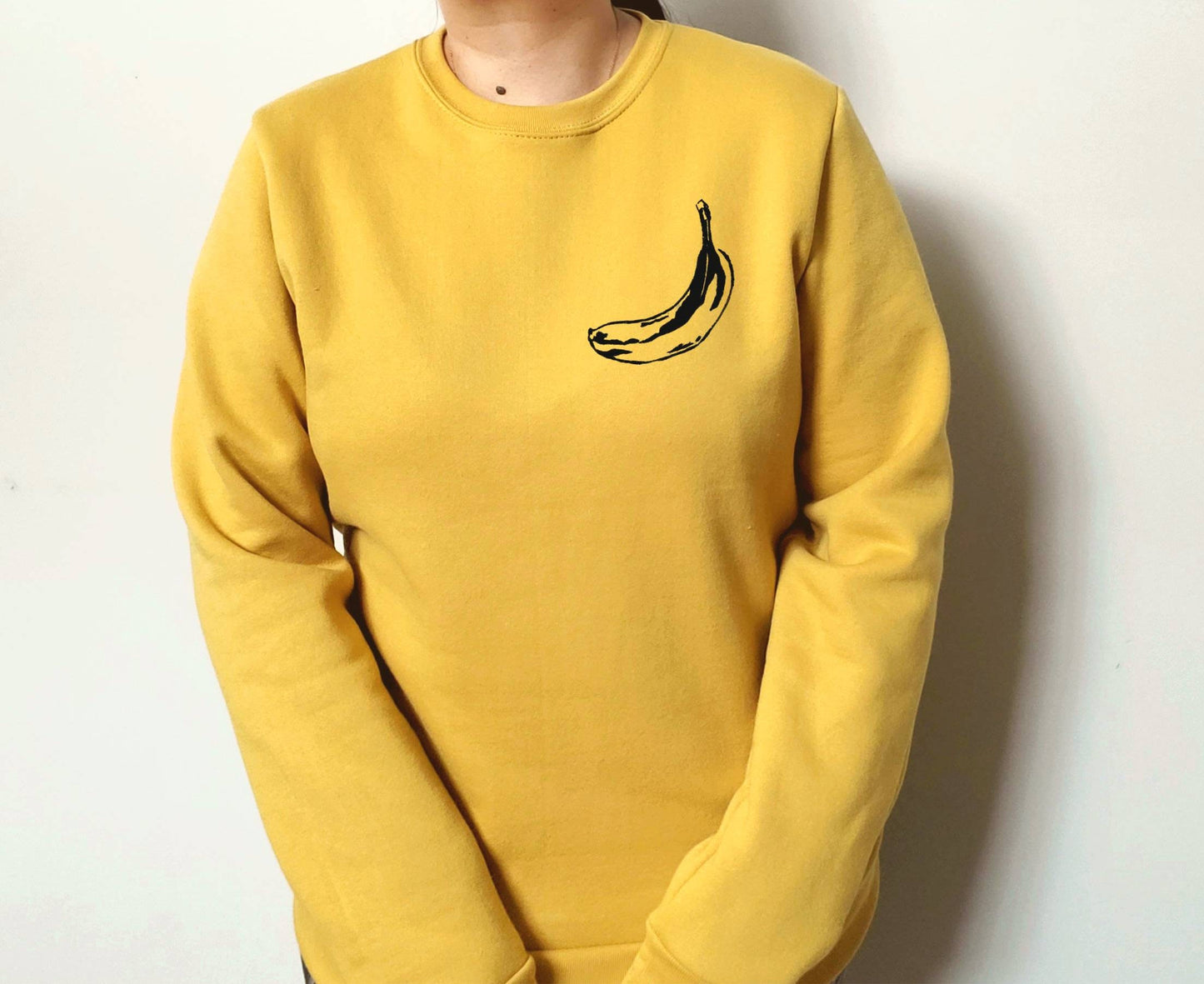 Banana sweatshirt, hand printed crewneck, unisex style pullover, minimalist fruit print, white fleece jumper, lino print, ethical fashion