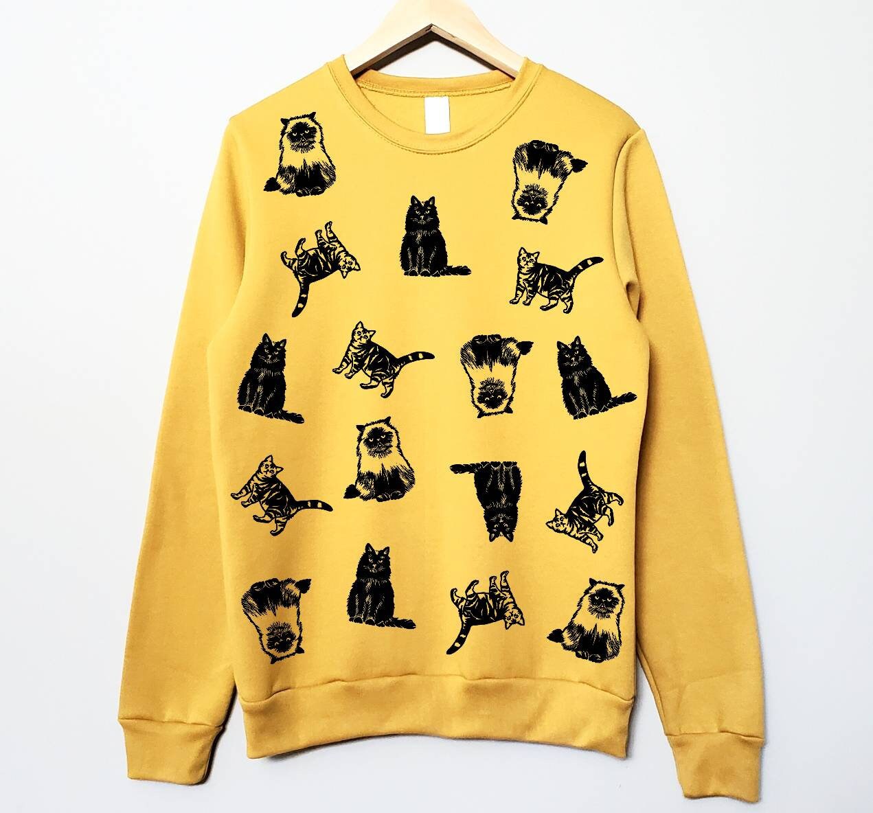 Cat print sweatshirt, hand printed unisex crewneck, all over cat print design, cat lover gift, block print soft cute jumper, ethical fashion