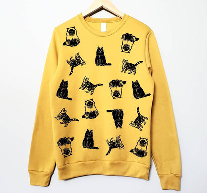 Cat print sweatshirt, hand printed unisex crewneck, all over cat print design, cat lover gift, block print soft cute jumper, ethical fashion