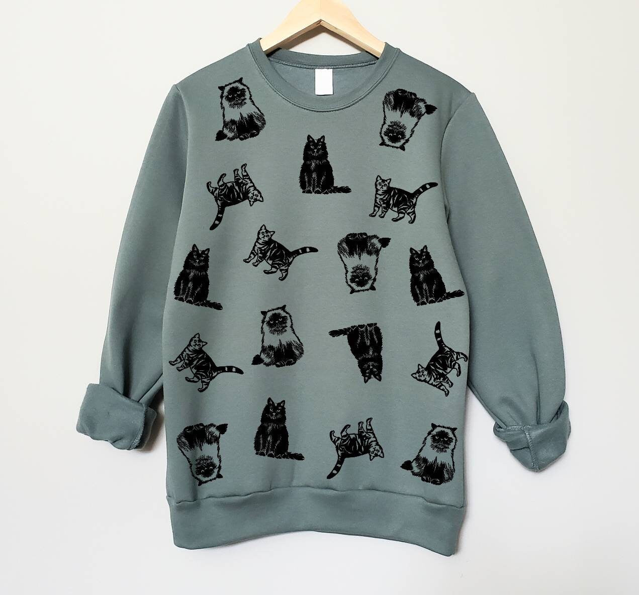 Cat print sweatshirt, hand printed unisex crewneck, all over cat print design, cat lover gift, block print soft cute jumper, ethical fashion