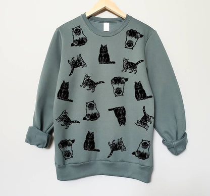 Cat print sweatshirt, hand printed unisex crewneck, all over cat print design, cat lover gift, block print soft cute jumper, ethical fashion