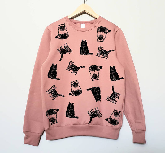 Cat print sweatshirt, hand printed unisex crewneck, all over cat print design, cat lover gift, block print soft cute jumper, ethical fashion