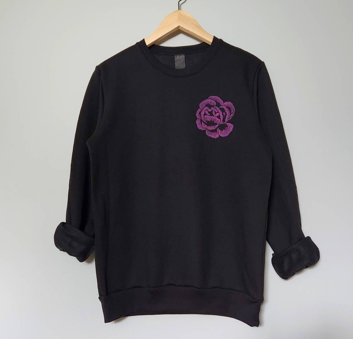 Pink flower sweatshirt, magenta vintage inspired flower design, hand printed unisex crewneck, unique floral fall sweater, ethical fashion