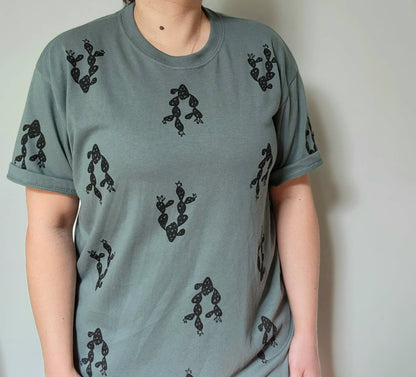 Cactus t-shirt, hand printed unisex succulent tshirt, botanical design all over block print, plant print tshirt, soft ethical summer fashion