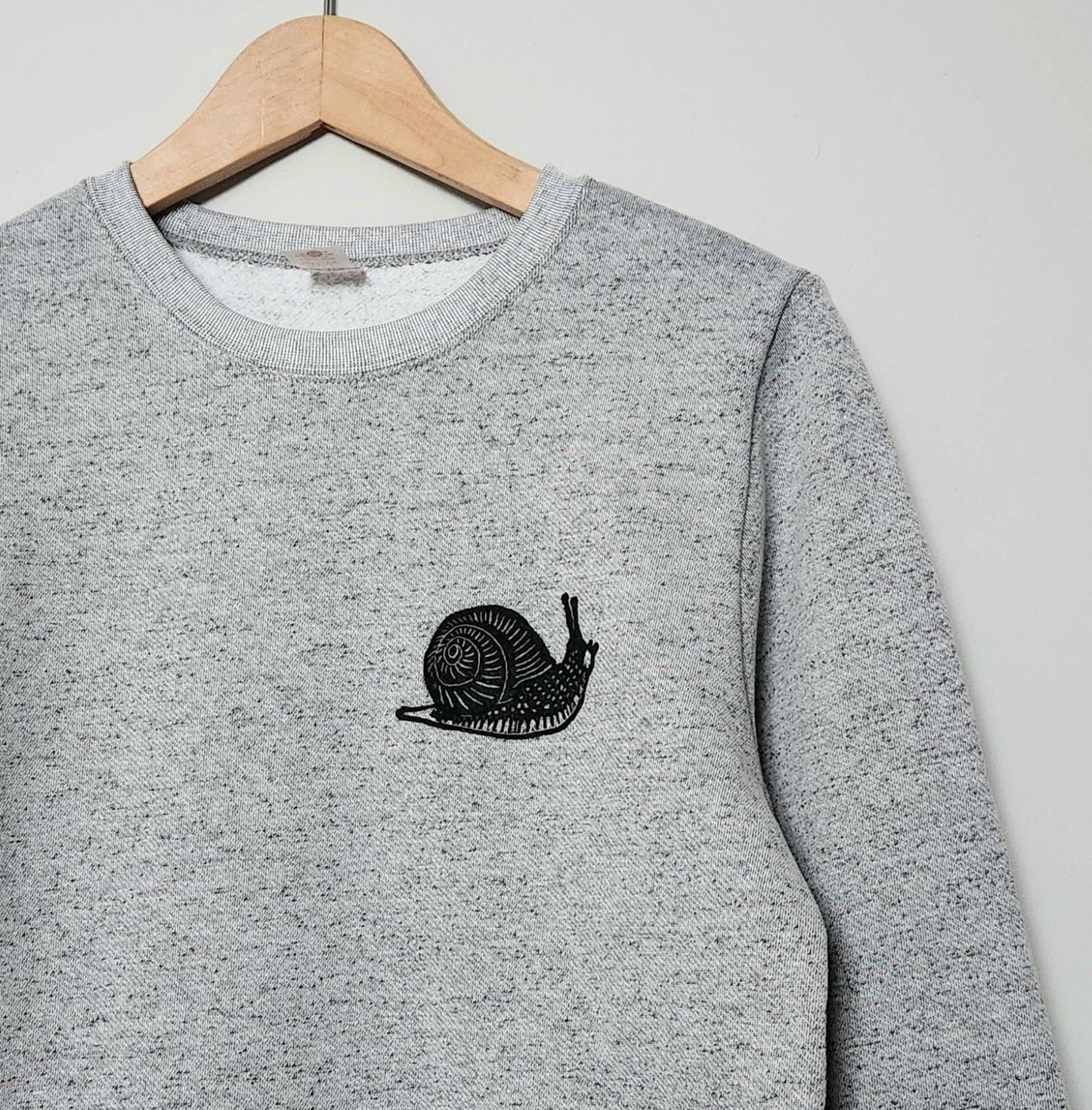 Snail sweatshirt, unisex hand printed sweater, soft slug crewneck, hand printed stamped design, ethical fashion, gray sweater, fleece jumper