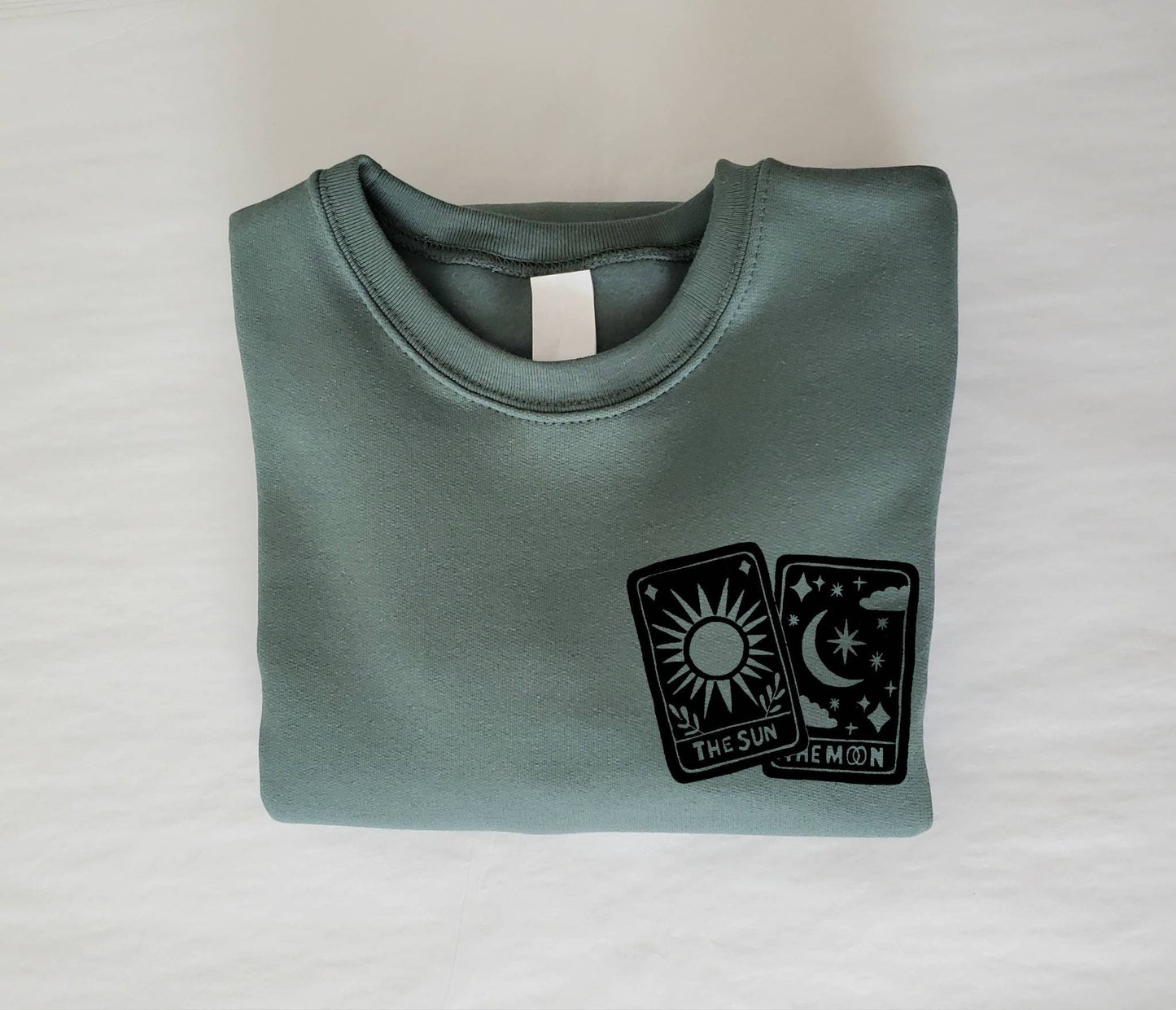 Tarot card sweatshirt, hand printed unisex crewneck, sun and moon linoprint design, block print sweater, soft jumper, ethical fashion