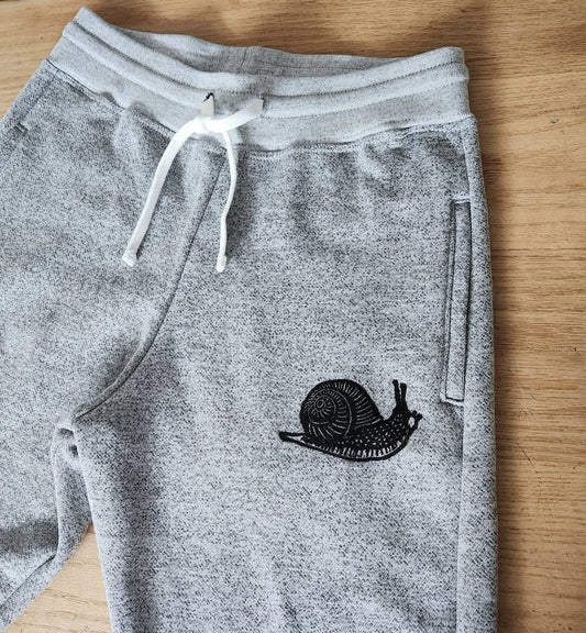 Snail sweatpants, cozy slug joggers, unisex hand printed jogging pants, grey soft lounge pants, block print, ethical clothing, gift for him