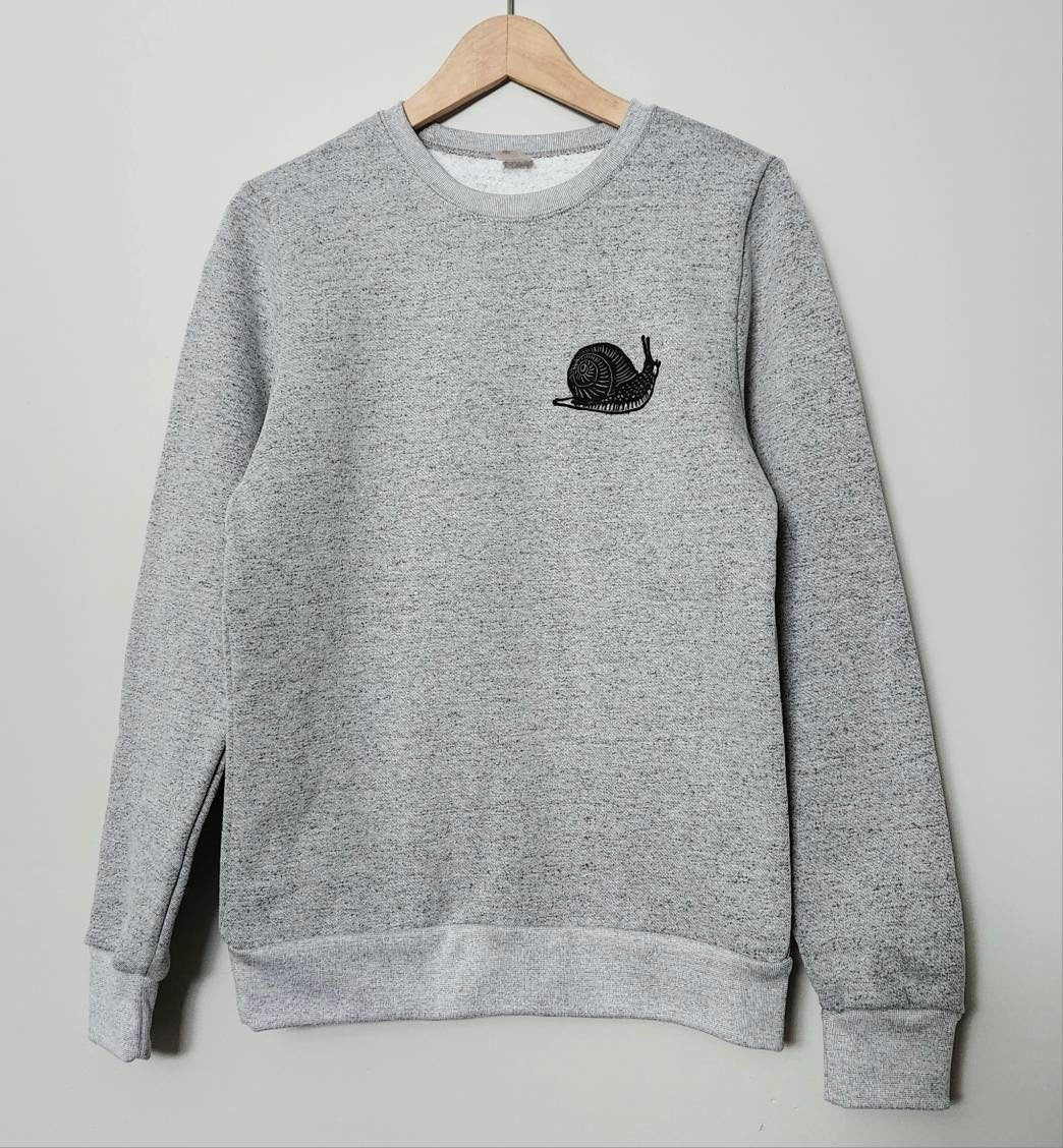 Snail sweatshirt, unisex hand printed sweater, soft slug crewneck, hand printed stamped design, ethical fashion, gray sweater, fleece jumper