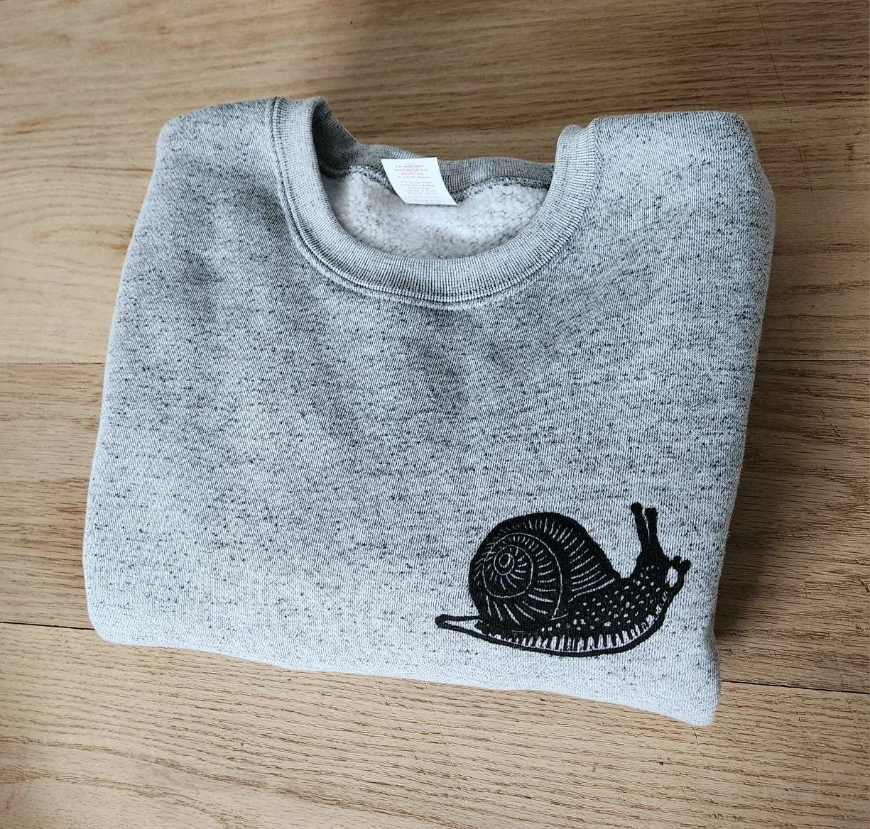 Snail sweatshirt, unisex hand printed sweater, soft slug crewneck, hand printed stamped design, ethical fashion, gray sweater, fleece jumper