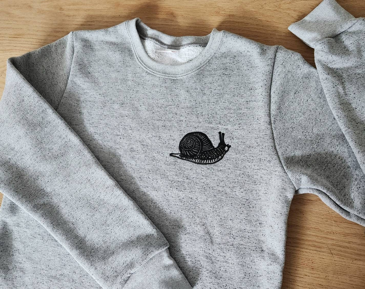 Snail sweatshirt, unisex hand printed sweater, soft slug crewneck, hand printed stamped design, ethical fashion, gray sweater, fleece jumper