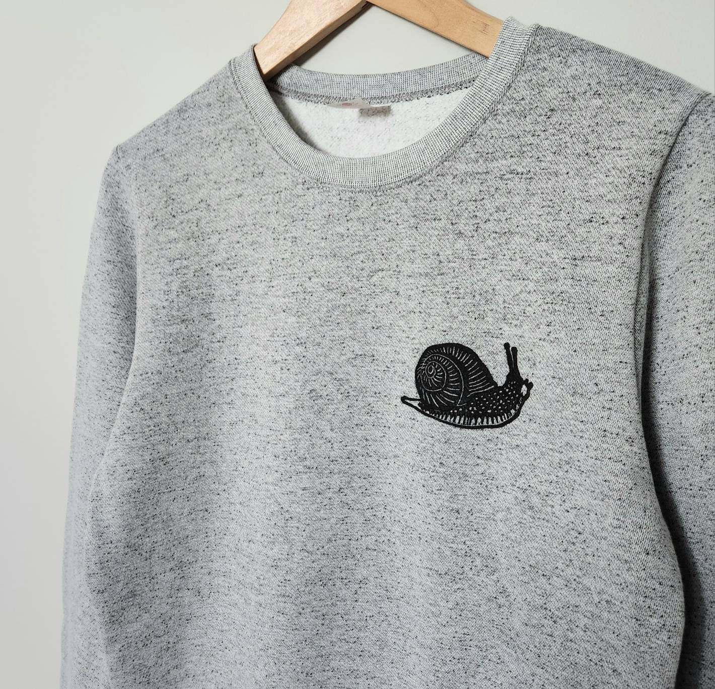 Snail sweatshirt, unisex hand printed sweater, soft slug crewneck, hand printed stamped design, ethical fashion, gray sweater, fleece jumper