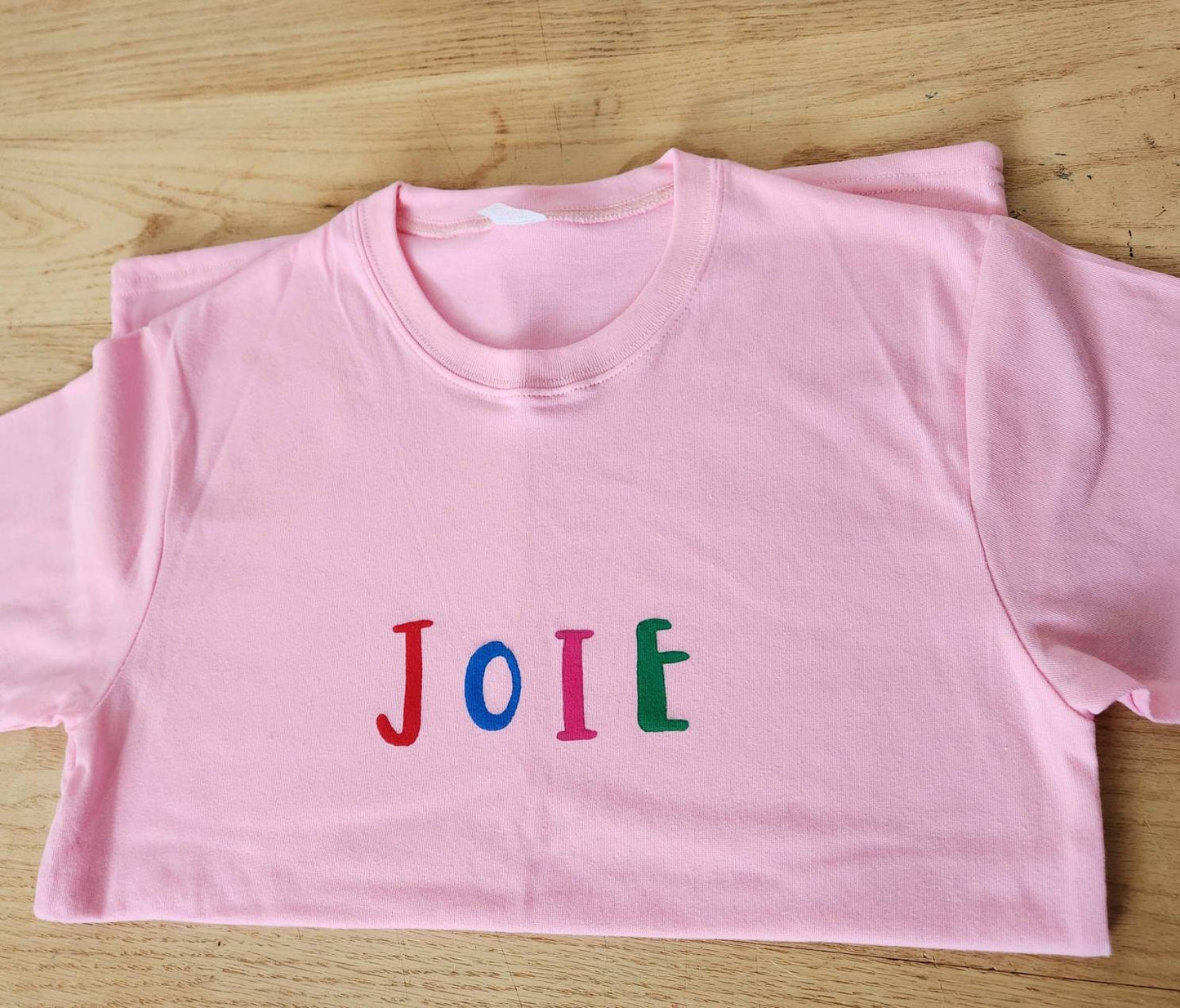 Joie t-shirt, hand printed UNISEX joy tshirt, colorful graphic french quote, minimalist fashion block print clothing, ethical spring fashion