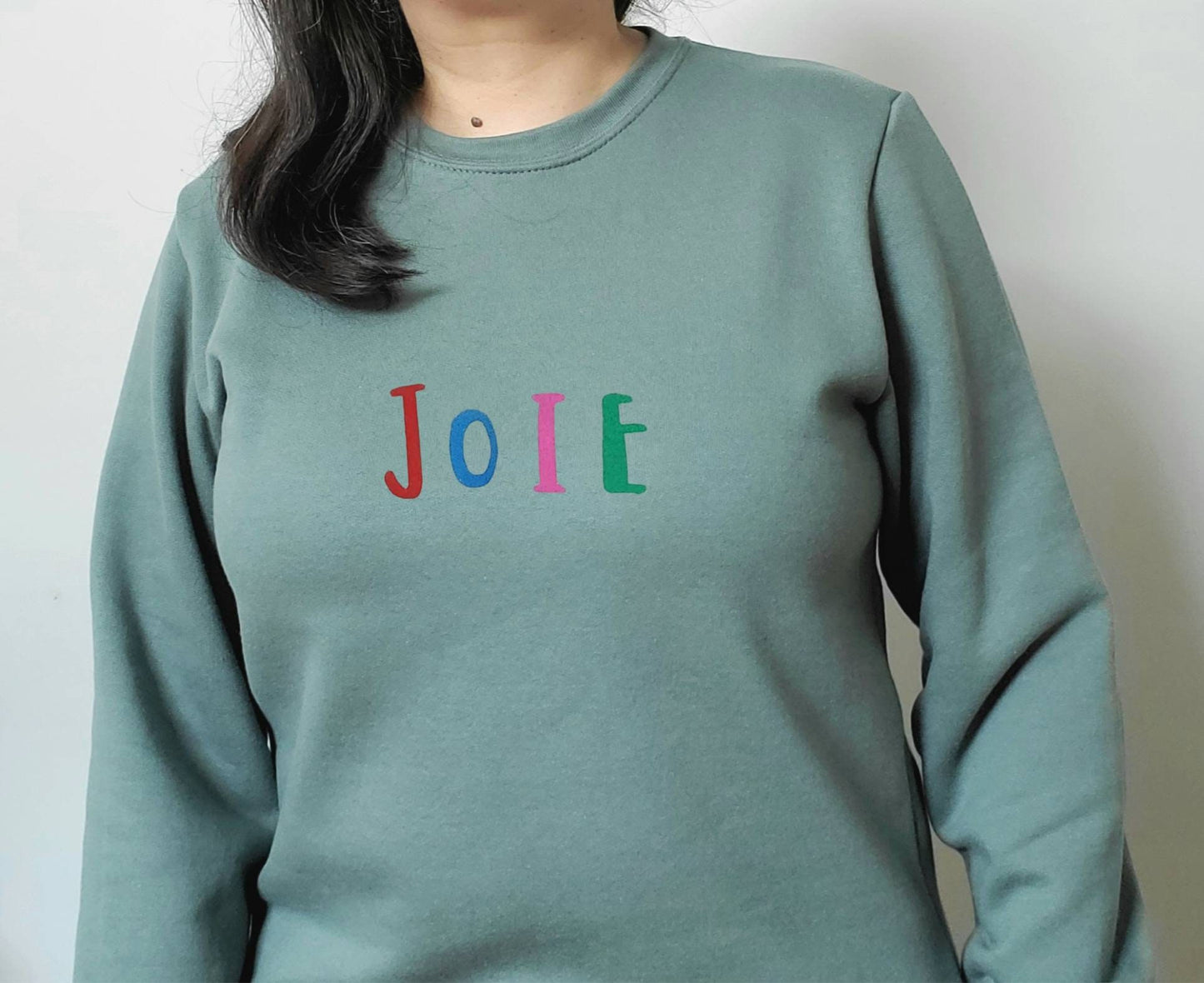 Joie sweatshirt, unisex hand printed joy crewneck, block printed colorful graphic shirt, soft cute jumper,  unique clothing, ethical fashion