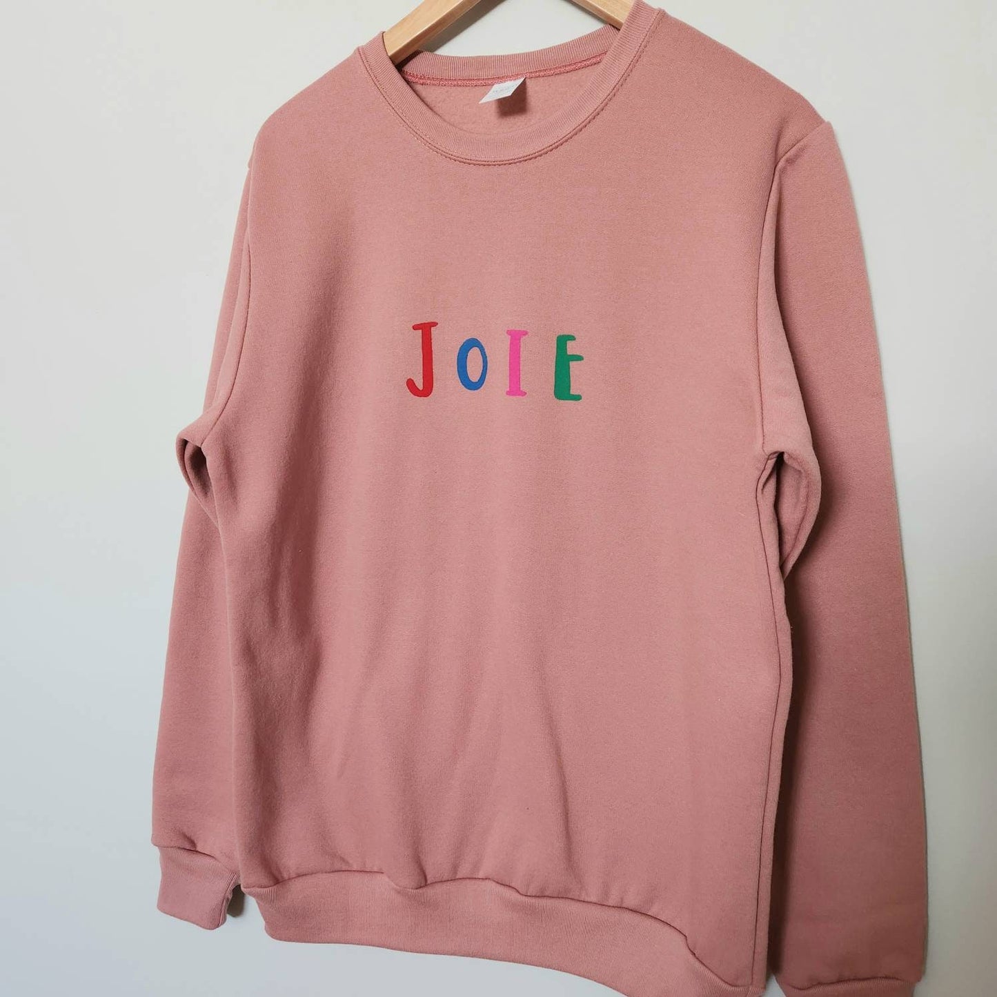 Joie sweatshirt, unisex hand printed joy crewneck, block printed colorful graphic shirt, soft cute jumper,  unique clothing, ethical fashion