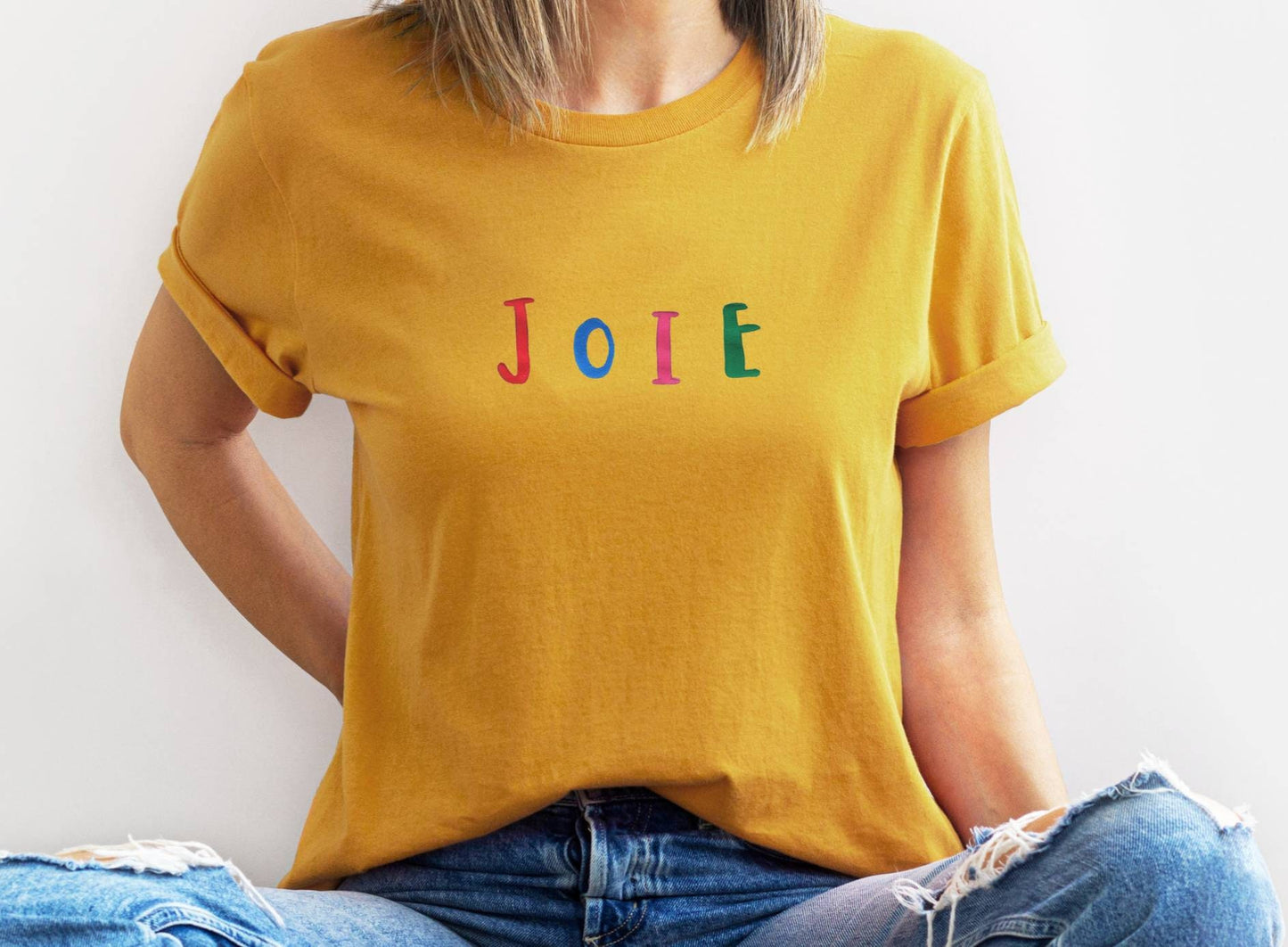 Joie t-shirt, hand printed UNISEX joy tshirt, colorful graphic french quote, minimalist fashion block print clothing, ethical spring fashion