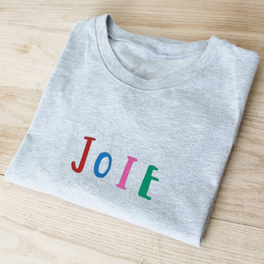 Joie t-shirt, hand printed UNISEX joy tshirt, colorful graphic french quote, minimalist fashion block print clothing, ethical spring fashion