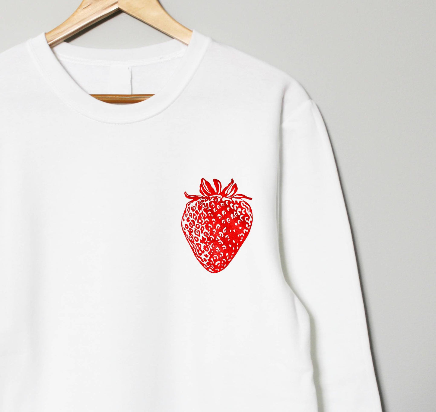 Strawberry sweatshirt, unisex hand printed red berry crewneck, block printed fruit illustration, soft fleece jumper, spring ethical clothing