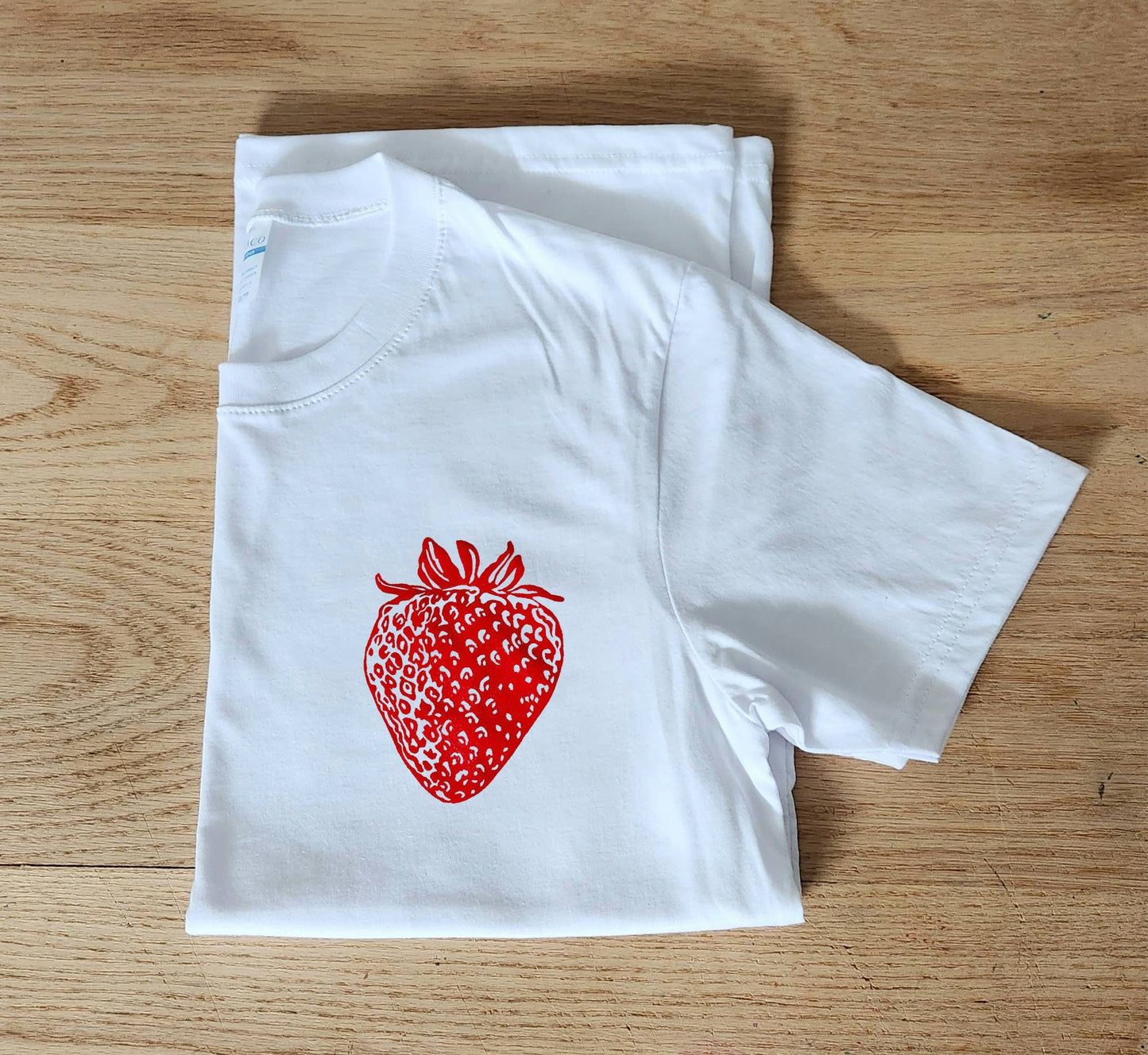 Strawberry t-shirt, berry hand printed unisex tee, unique block print red fruit tshirt, soft spring summer shirt, ethical fashion