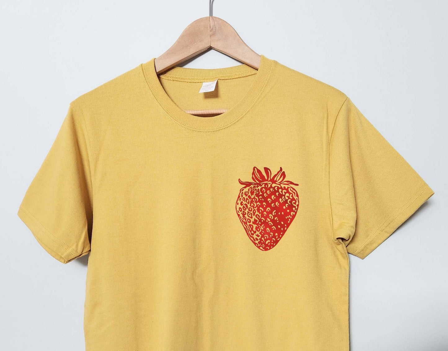 Strawberry t-shirt, berry hand printed unisex tee, unique block print red fruit tshirt, soft spring summer shirt, ethical fashion