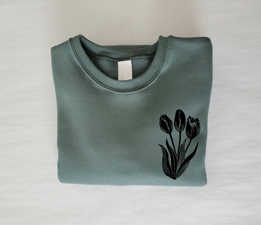 Tulip sweatshirt, unisex hand printed flower crewneck, block printed floral illustration, soft fleece jumper, spring ethical clothing