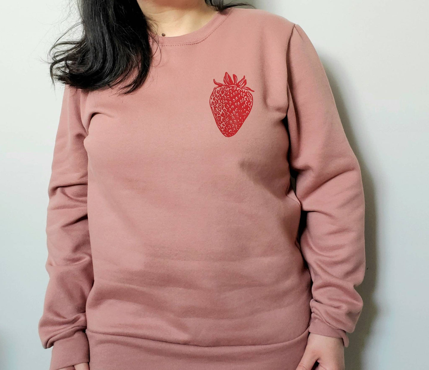 Strawberry sweatshirt, unisex hand printed red berry crewneck, block printed fruit illustration, soft fleece jumper, spring ethical clothing