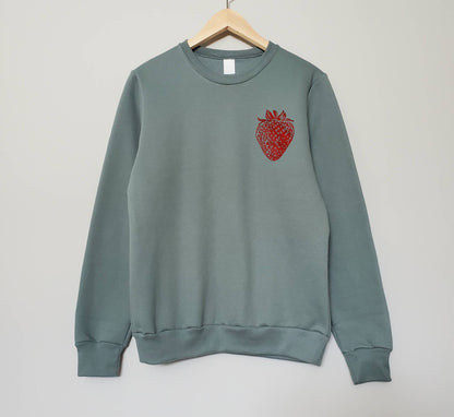 Strawberry sweatshirt, unisex hand printed red berry crewneck, block printed fruit illustration, soft fleece jumper, spring ethical clothing