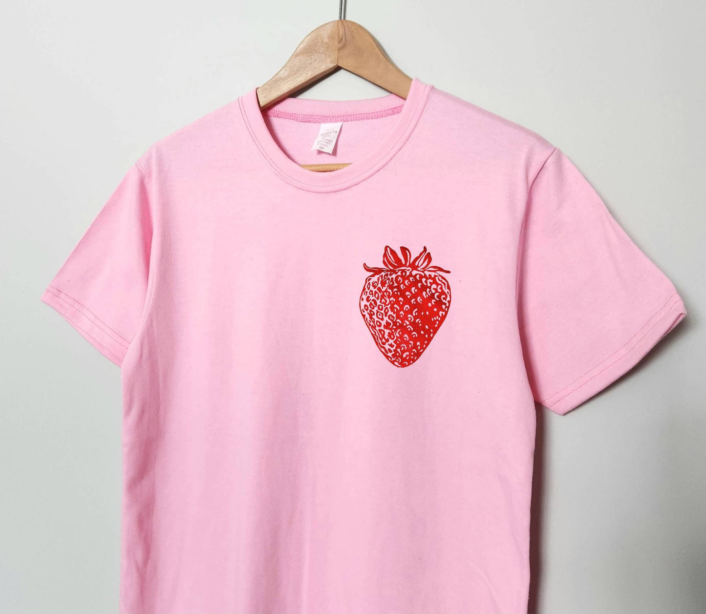 Strawberry t-shirt, berry hand printed unisex tee, unique block print red fruit tshirt, soft spring summer shirt, ethical fashion