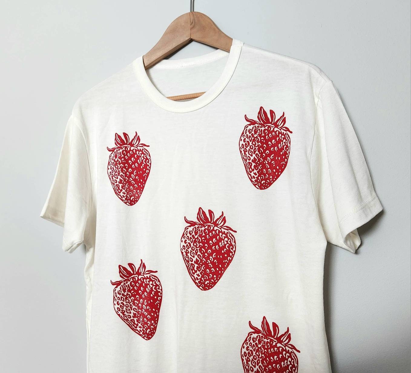 Strawberry pattern t-shirt, UNISEX bamboo hand printed tshirt, red berry all-over block print tee, hand stamped organic top, ethical fashion