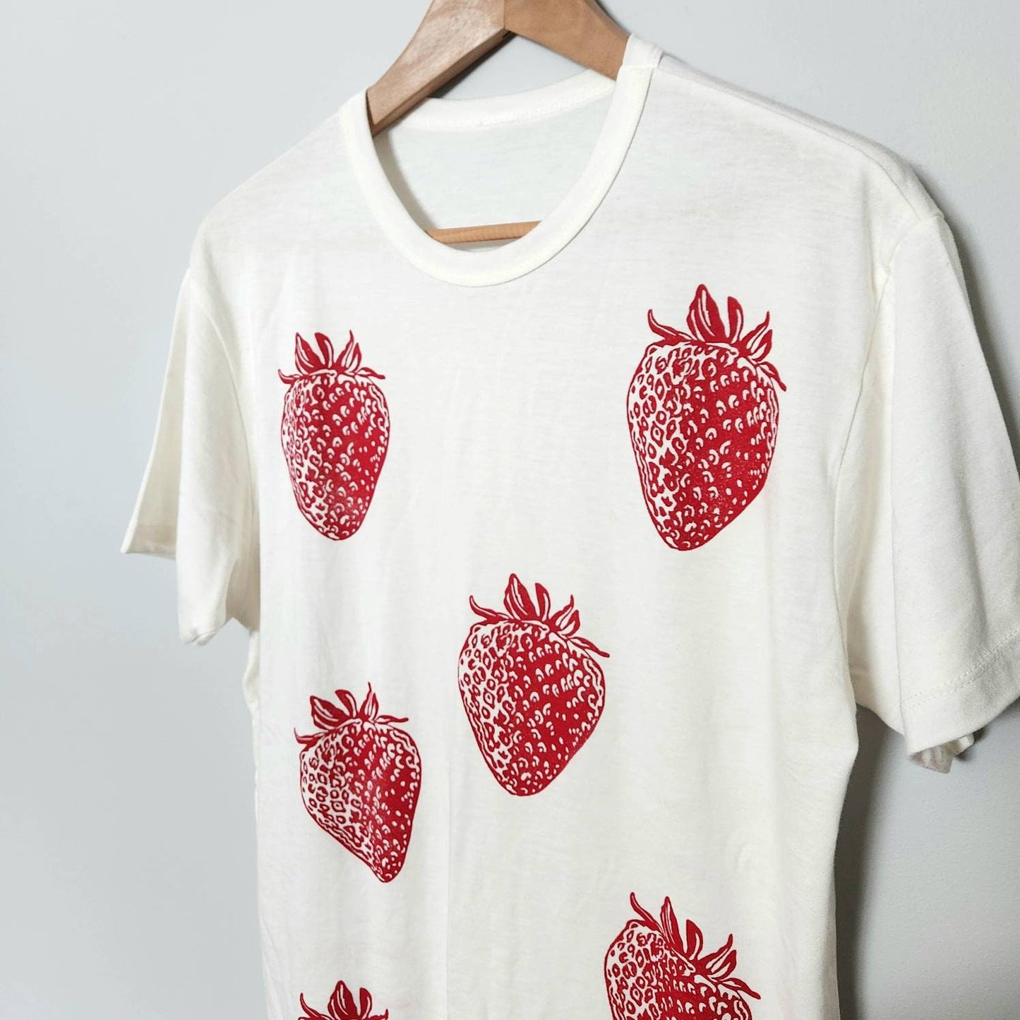 Strawberry pattern t-shirt, UNISEX bamboo hand printed tshirt, red berry all-over block print tee, hand stamped organic top, ethical fashion