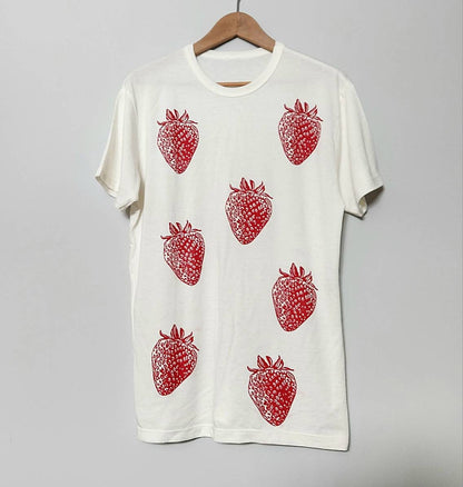 Strawberry pattern t-shirt, UNISEX bamboo hand printed tshirt, red berry all-over block print tee, hand stamped organic top, ethical fashion